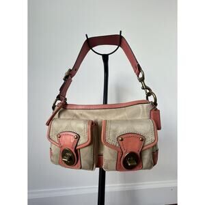 RARE Y2K COACH Legacy Signature Beige Coral/Pink Leather Shoulder Bag w/Turnlock